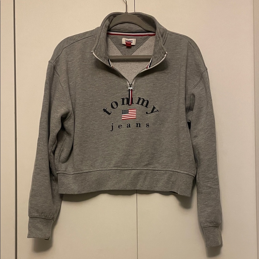 Tommy Hilfiger Gray Women's Quarter-Zip Cropped Sweatshirt with Logo